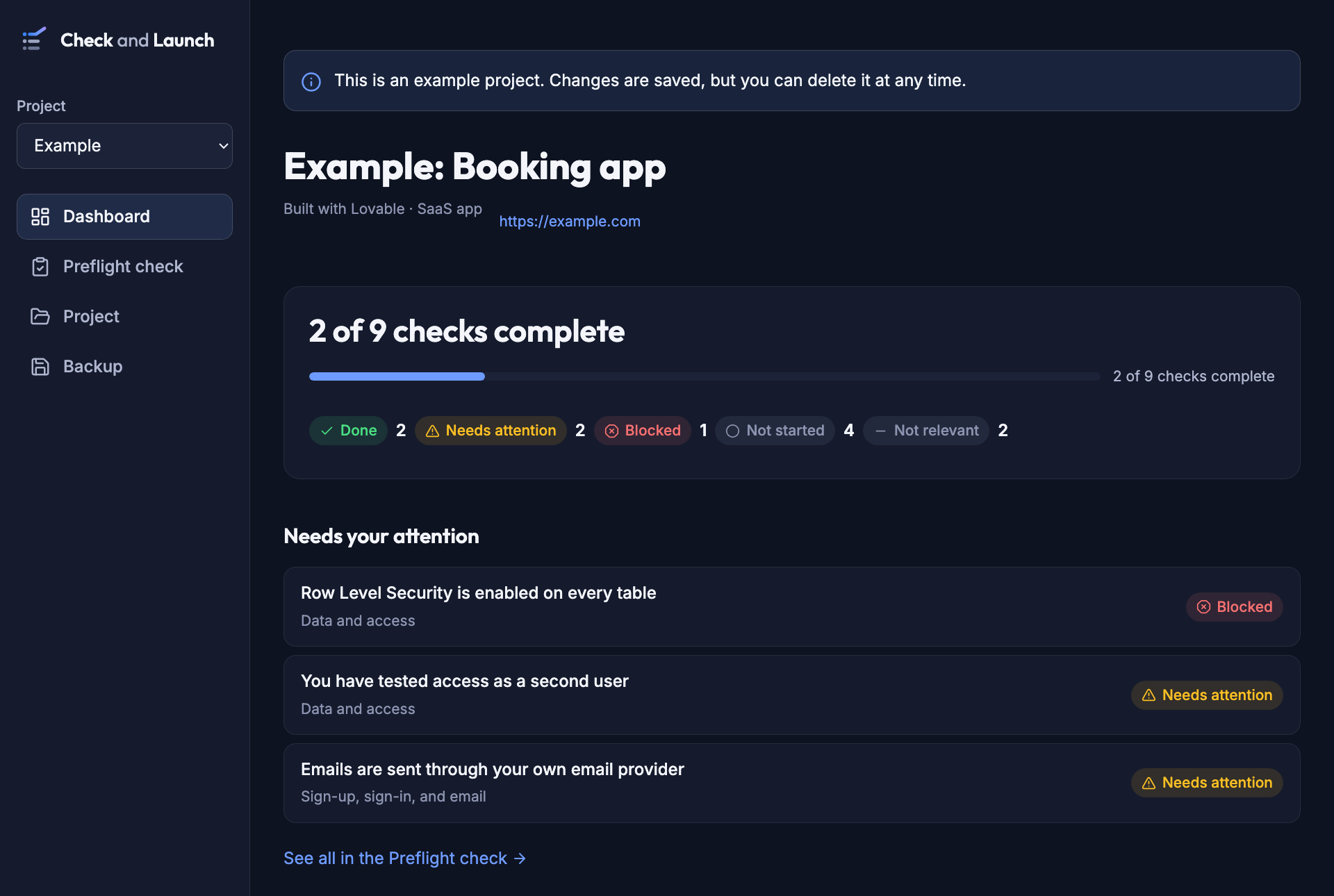 The Check and Launch app dashboard for an example project: 2 of 9 checks complete, with blocked and needs-attention checks listed first.